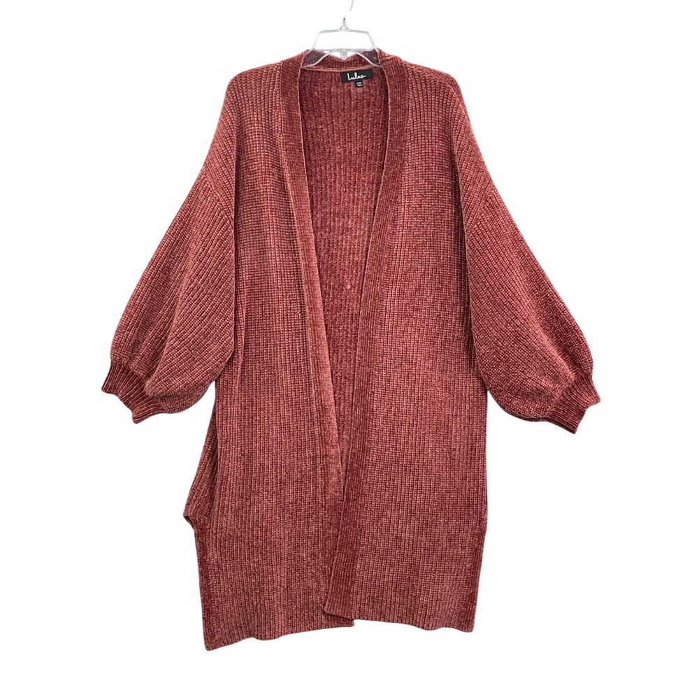 Lulus Cardigan Women S/M Pink Chenille Open Front Balloon Sleeve Longline Knit